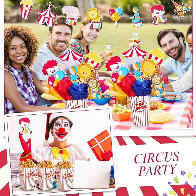 6 Sets Circus Carnival Party Centerpieces Decorations Circus Theme Table Toppers with Popcorn Box Circus Carnival Cutouts and Sticks for Carnival Party Birthday Decor Supplies