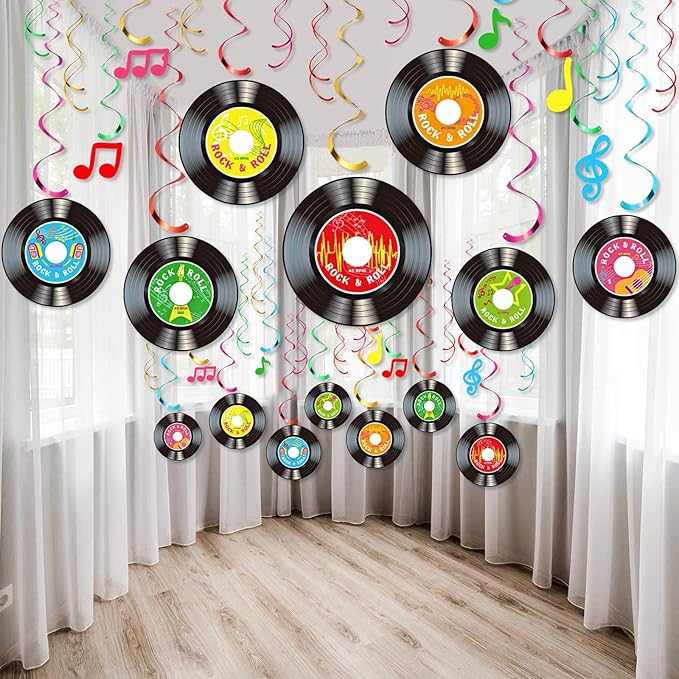 Sumind 30 Pcs 1950's Rock and Roll Music Party Sock Hop Decorations Vinyl Record Note Cutout Wall Decor Sign with Hanging Swirls Ceiling Decor for 50's Theme Rock Music Video DJ Party Supplies 7 Inch