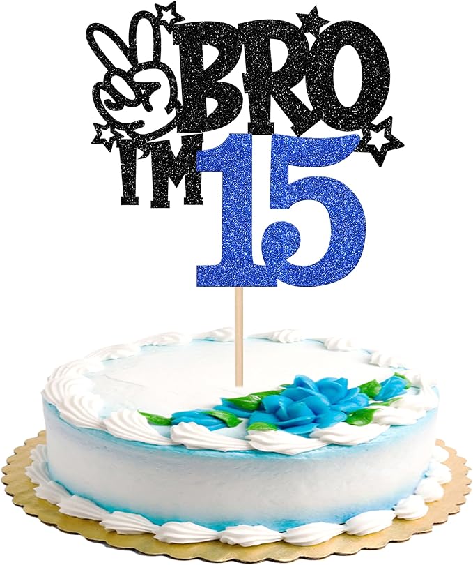 1 PCS Brother I'm 15 Cake Topper Glitter Star Happy 15th Birthday Cake Pick Bro I'm 15 Cake Decoration It's My 15th Birthday Decorations for Boys Cheers to 15 Years Old Birthday Party Supplies Blue
