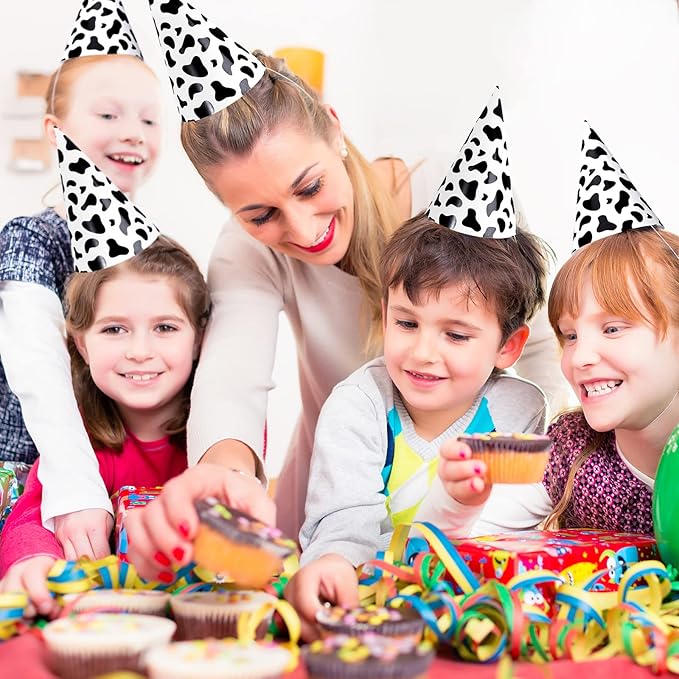 Teling 30 Pieces Birthday Party Hats Car/Cow Themed Paper Cone Hat Birthday Party Supplies Decorations for Kids(Milk Cow)