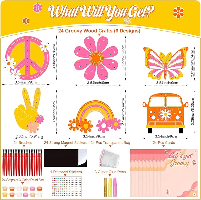 Bafeil 24 Sets Groovy Party Favors, DIY Wooden Painting Crafts Kit with Magnets, Retro Hippie Birthday Decorations, Retro Boho Themed Birthday Party Supplies Gifts Goodie Bags Stuffers Prizes
