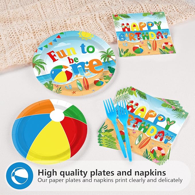 96Pcs Beach Ball Party Supplies Summer Beach Ball 1st Birthday Plates and Napkins Tableware Sets Fun to Be One Decorations for Baby Shower Luau Pool First Birthday Party Supplies Serves 24