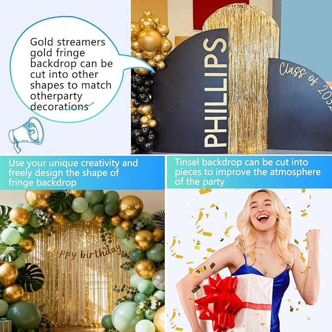 Gold Foil Fringe Backdrop Curtains 2 Pack 3.3x8.2 Ft Tinsel Streamer Fringe Backdrop Door Streamers for New Years Eve Decoration Graduation Birthday Baby Shower Gender Reveal Disco Party
