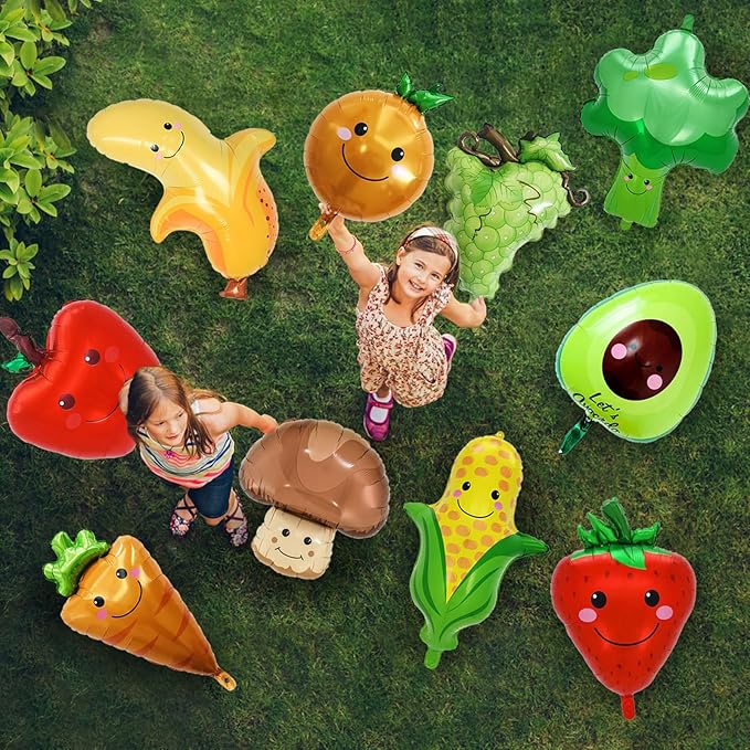 10 Pcs Fruit Balloons and Vegetable Balloons - Large Apple Orange Strawberry Grape Mushroom Banana Avocado Corn Carrot Broccoli Mylar Foil Balloons, Fruit Theme Birthday Party Decorations Supplies