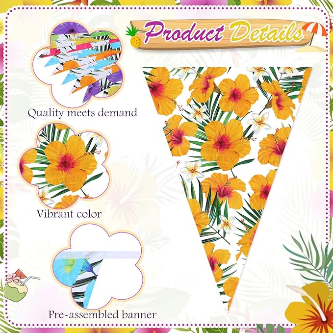 Jetec 5 Pack 49 Ft Hibiscus Flower Pennant Banner Hawaiian Luau Party Decorations for Tiki Bar Supplies Aloha Birthday Tropical Beach Theme Summer Outdoor Bunting Flags Hanging Garland Decor