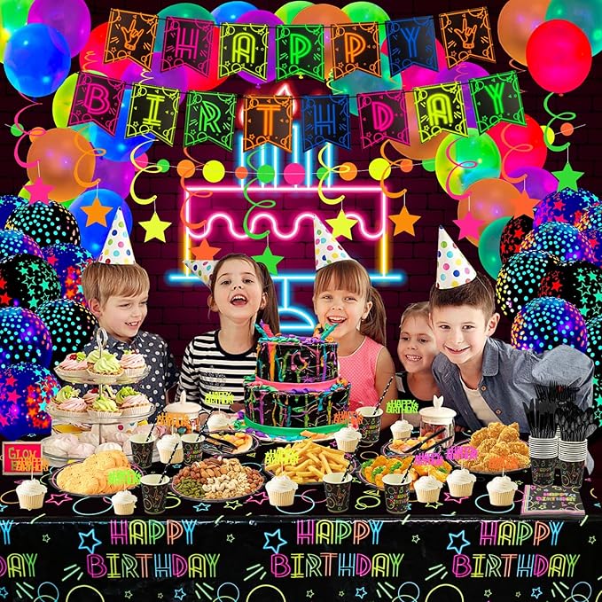 Glow Neon Party Supplies - Neon Balloon, Glow in the Dark Happy Birthday Banner, Hanging Swirls, Cake Topper, Tablecloth, Plates, Napkins, Cup for Blacklight Party Decorations, Serves 20 Guest