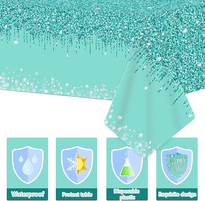 3 Pieces Teal and Silver Tablecloths for Happy Birthday Party Decoration Plastic Disposable Breakfast Blue Birthday Theme Table Covers for Girl Women Silver Glitter Birthday Party Supply, 54x108 Inch