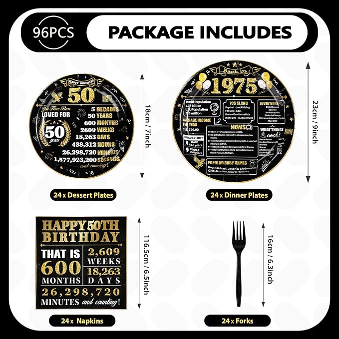 Grencian 96 Pcs 50th Birthday Plates and Napkins Tableware Set Disposable Black and Gold Back in 1975 50th Birthday Decorations for Men Vintage 50 Years Anniversary 1975 birthday Decorations Serves 24