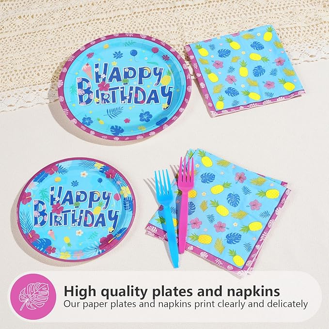 96Pcs Hawaiian Birthday Decorations Tropical Luau Blue Cartoon Plates and Napkins Tableware Sets Hawaii Hibiscus Party Decorations Favors for Summer Aloha Beach Pool Holiday Party Supplies Serves 24