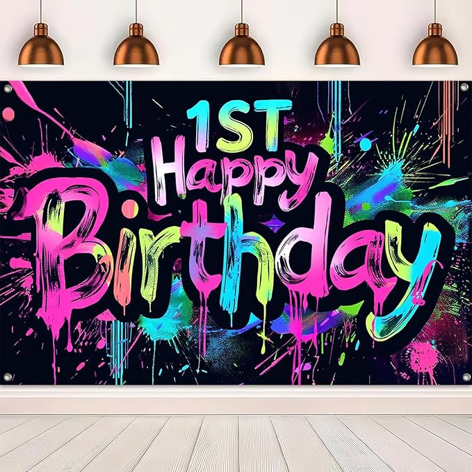 Neon 1st Happy Birthday Banner 71x43 Inch Paint Splatter Backdrop Colorful Wall Decorations for Kids Boys Girls First Birthday Photo Booth Background Supplies and Event Decor