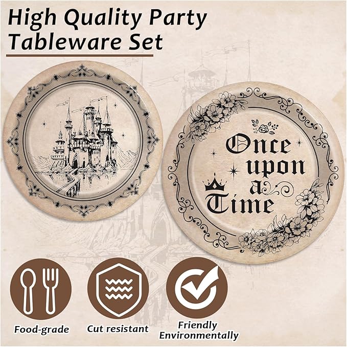 Fairytale Plates and Napkins Once Upon a Time Tableware Set Girl Princess Plates Old Opening Book Dinnerware Floral Castle Plate for Birthday Party Wedding Baby Shower Decoration Supplies Serve 24