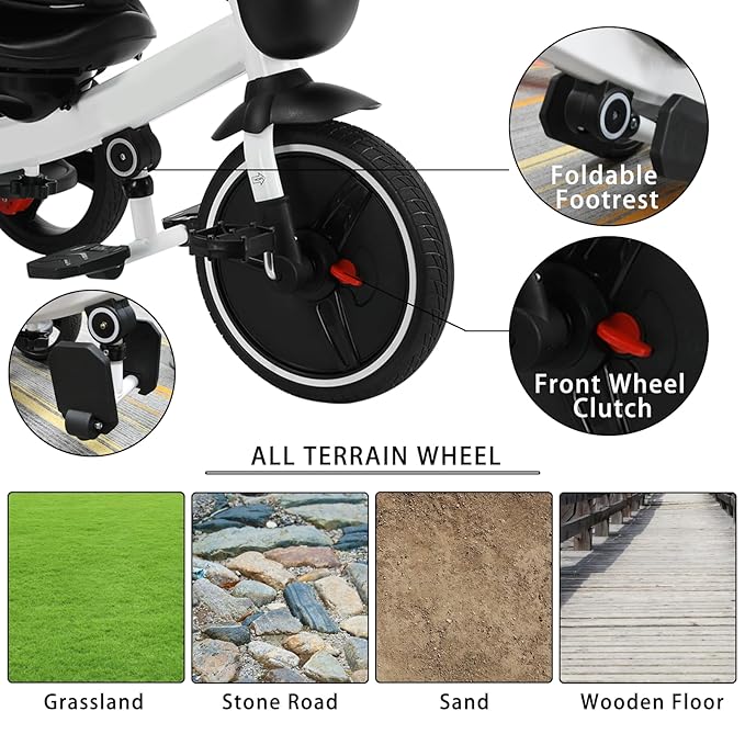UBRAVOO Baby Tricycle,6-in-1 Baby Push Bike Steer Stroller,Learning Toddler Bike/Detachable Guardrail,Adjustable Canopy,Safety Harness,Folding Pedal,Storage Basket,Brake,Shock Absorption