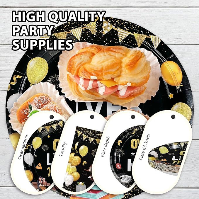 96Pcs Old Lives Matter Decoration Over The Hill Birthday Plates and Napkins Gold Black Funny Retirement Decoration Favor for Men Women 50th 60th 70th 80th Retirement Birthday Party Supplies Serves 24