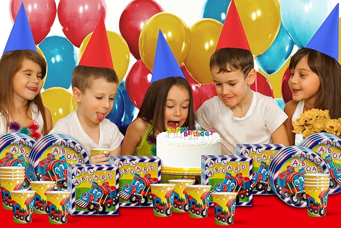 All Aboard! Train Birthday Party Supplies Set Plates Napkins Cups Tableware Kit for 16