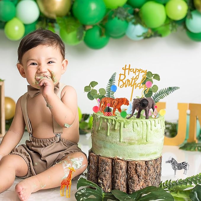Hooqict 34 Pcs Safari Animal Cake Toppers with Mini Birthday Party Hats Party Animal Birthday Decorations Jungle Cake Decorations for Kids Wild Zoo Theme Party Decorations