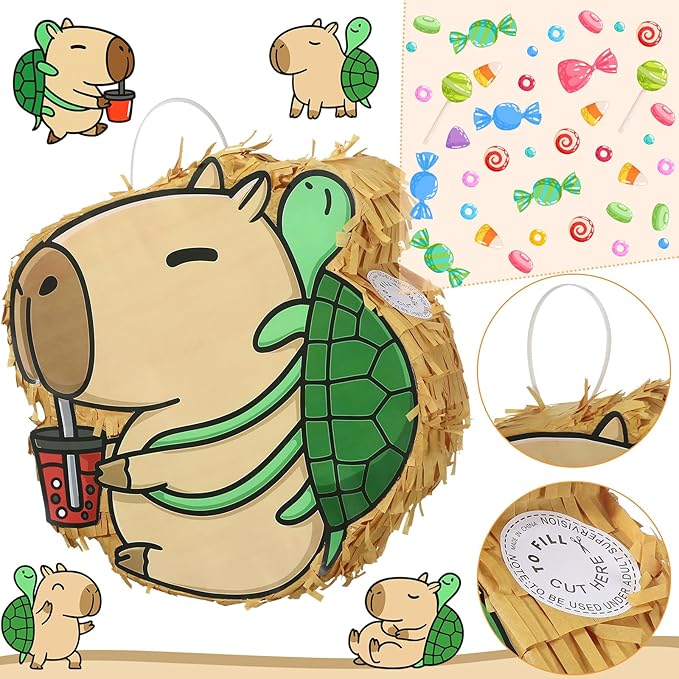 Soulchen Birthday Party Piñata Decorations Includes Eye Mask Stick Blindfold Confetti Birthday Party Camping Theme Favor Supplies(Capybara with Turtle Backpack)