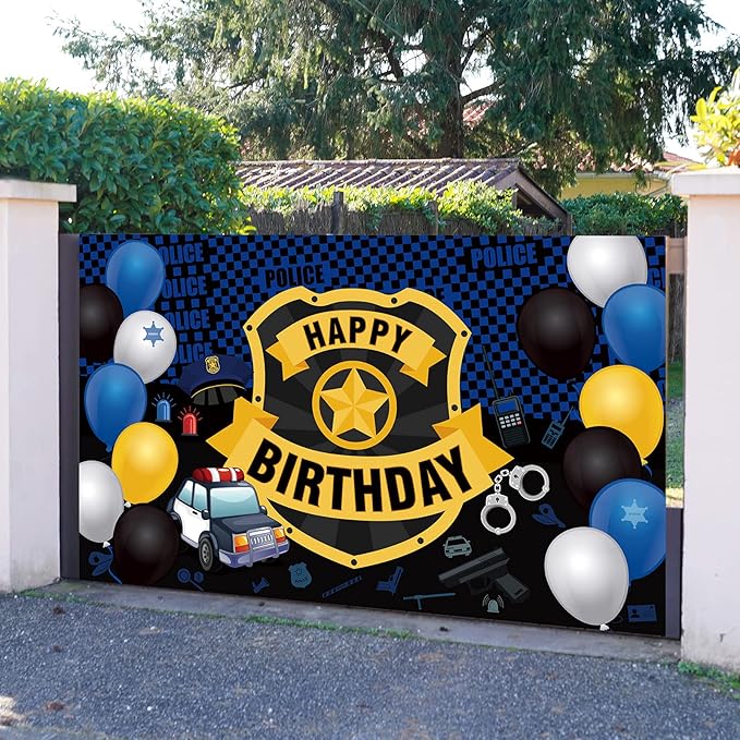 Irenare Police Happy Birthday Party Decorations Police Car Party Decor Supplies Large Badge Banner Backdrop Wall Birthday Party Wall Background Supplies Props 72. 8 x 43. 3 Inch
