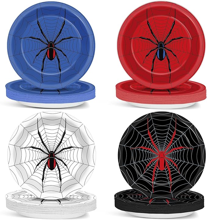 48PCS Spider Party Supplies 7" Super Theme Hero Birthday Parties Dessert Plates Spiderweb Themed Decorations Comic Heroes Tableware Set Cartoon Disposable Paper Plate for Spider Fans Kids Boys Favor