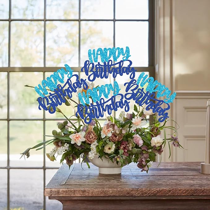 Gyufise 12Pcs Happy Birthday Centerpieces Sticks Double Sided Glitter Birthday Party Decorations Anniversary Table Flower Centerpiece for Celebrating Party Supplies Blue Dark Blue