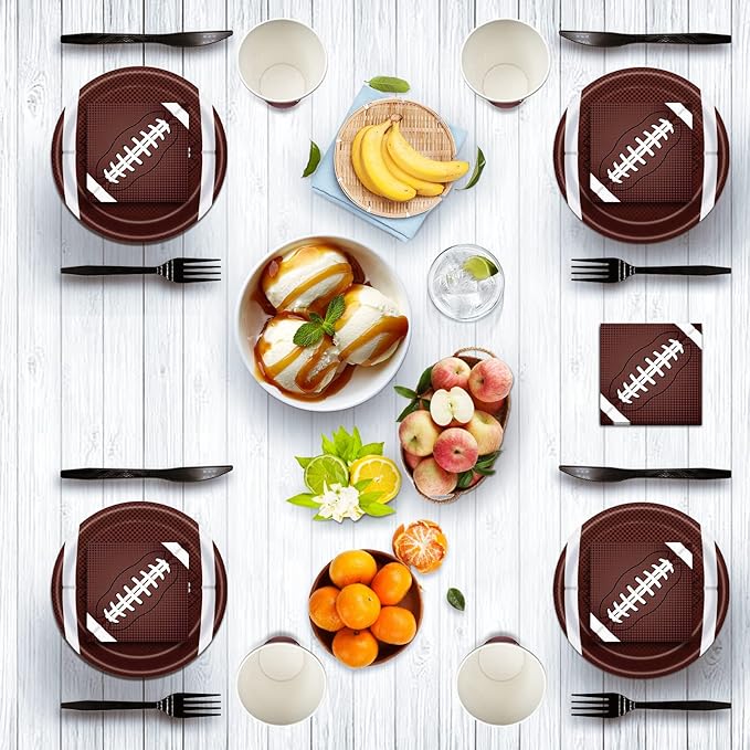 144Pcs Football Party Supplies Football Plates and Napkins Tableware Set Include Paper Plates Napkins Cups Forks for Rugby Game Touchdown Tailgate Party Decorations Serve 24 Guests