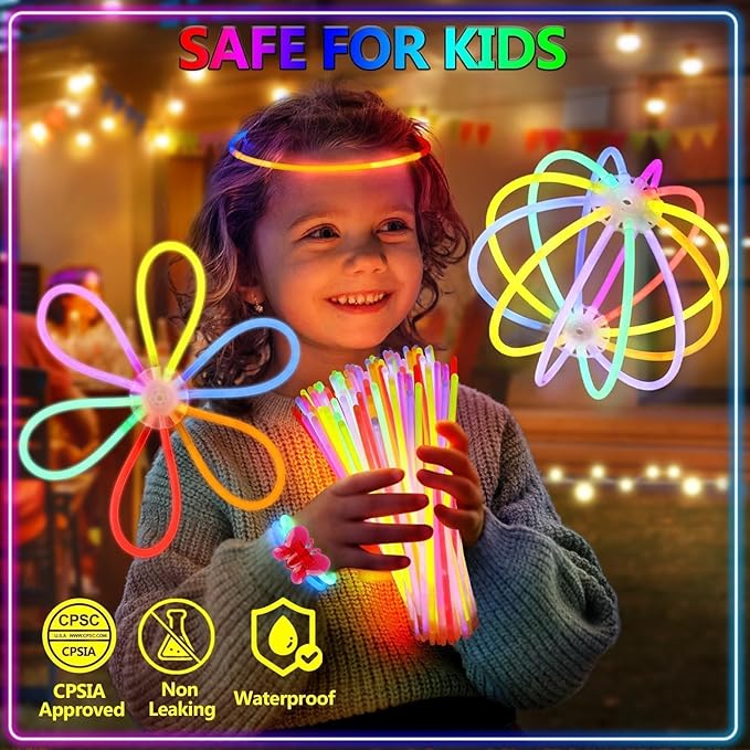 BUDI 467Pcs Glow Sticks Party Favors for Kids Adults Glow in the Dark Party Supplies 4th of July Accessories Neon Decors 200 GlowSticks Bulk 8 Colors 8 Inch & 267 Connectors Necklace Bracelet Glasses