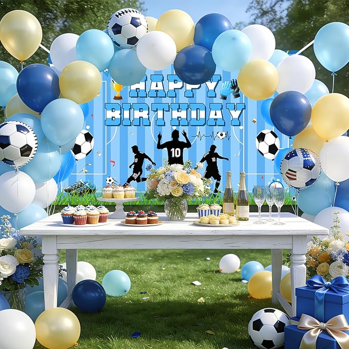 Avezano Scoccer Star Birthday Party Decorations Scoccer Sports Theme Happy Birthday Banner Backdrop Kids Teens Football 10th Birthday Party Celebrations Supplies (Blue, 6x3.6 ft)