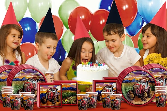 Birthday Galore Red Tractor Farm Party Supplies Set - Farm Party Supplies for Boy's Birthday - Includes Plates, Napkins and Cups - Kit for 16