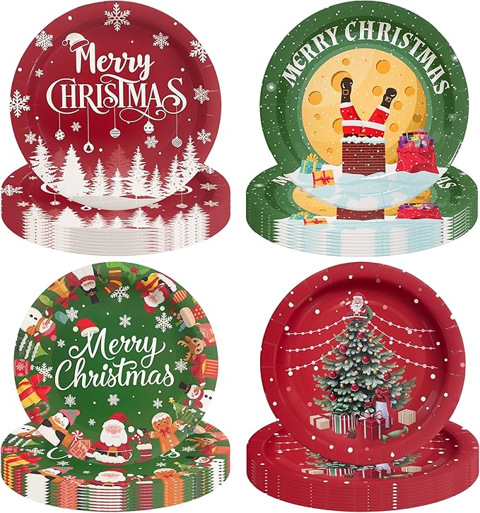48Pcs Christmas Paper Plates, 7" Christmas Plates Disposable Party Plates Tableware Set for Xmas Holiday Party Supplies