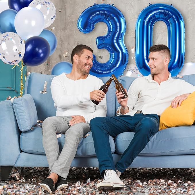 Number 30 Balloon Pastel Blue for Kids, XXL 30th Birthday Decor Foil Balloon Dark Navy Blue with Silver Confetti Helium Balloon, 40 Inch Balloon 30 for Women Birthday Party Men Anniversary Decorations