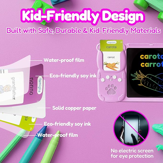 Drawing Tablet with Bilingual Flashcards for Kids - Italian English Talking Flash Cards, LCD Writing Pad Board, Pocket Speech for Toddlers, Learning Toy Gift for Boys Girls (Italian, Pink)