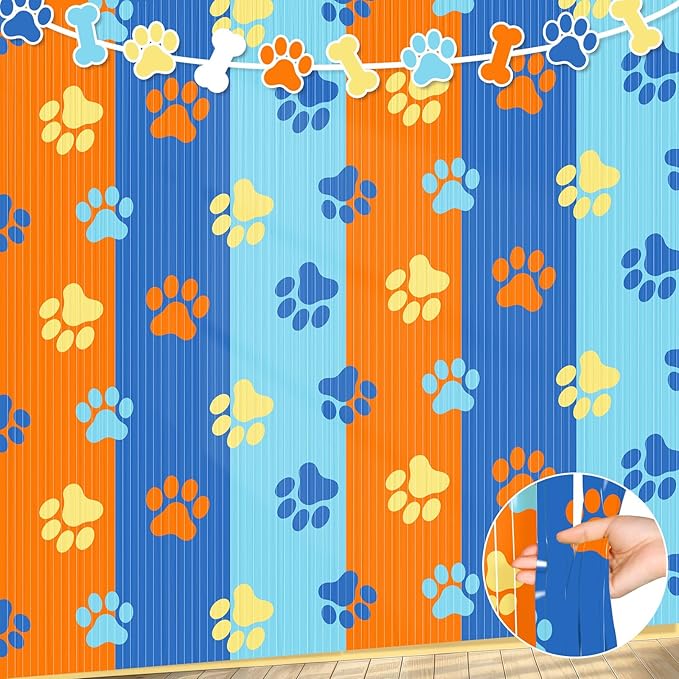 2 Packs Dog Fringe Curtains 3.3 x 6.6 ft Dog Paw Foil Fringe Backdrop Orange Light Blue Tinsel Streamers for Baby Shower Birthday Party Supplies Decorations