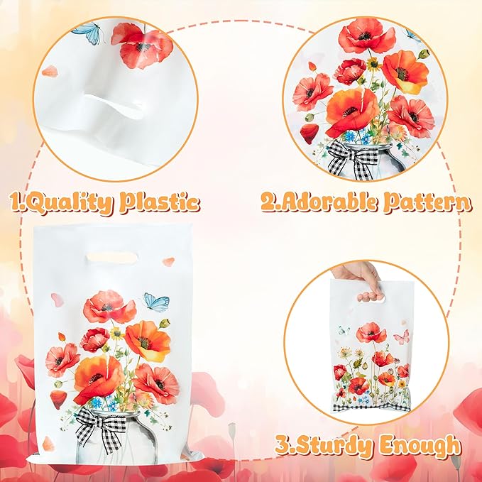 3sscha 50Pcs Red Poppy Party Favor Bag - Flower Butterfly Plastic Waterproof Goodie Bags Spring Summer Bloom Floral Rectangular Treat Bags for Birthday Party Decoration Supplies