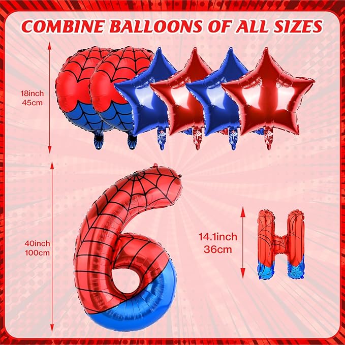 Spider Themed Happy Birthday Banner Party Decorations Set Including 40 Inch Number 6 Foil Balloons, Themed Party Essentials, Colorful Superhero Backdrop Supplies for Boys Indoor Outdoor Celebration