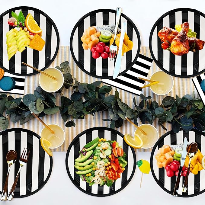 80Pcs Black and White Striped Party Supplies Black and White Party Set 7"Black and White Striped Plates,Black and White Napkins for Black and White Theme Black and White Birthday Decoration |Serves 40