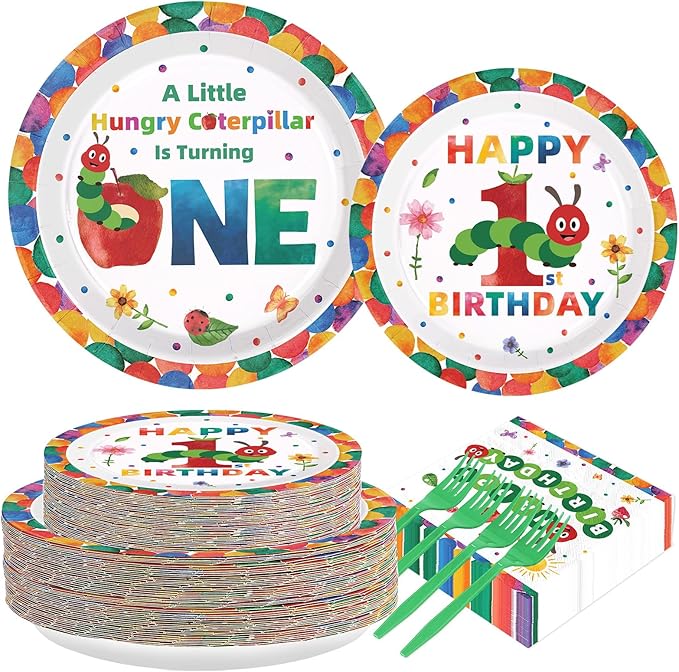 Grencian 200Pcs Caterpillar 1st Birthday Party Supplies A Hungry Green Insect is Turning One Plates and Napkins Tableware Set Hungry Caterpillar Party Decoration for Boys Birthday Baby Shower Serve 50