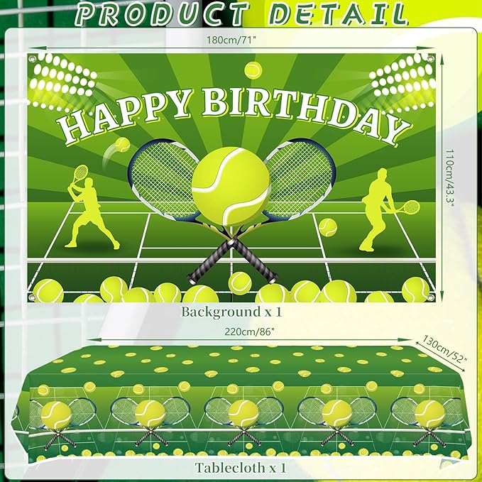 Tennis Birthday Party Decorations - Tennis Party Supplies including Backdrop, Plate, Cake Topper, Cup, Napkin, Balloon, Tablecloth - Serves 20