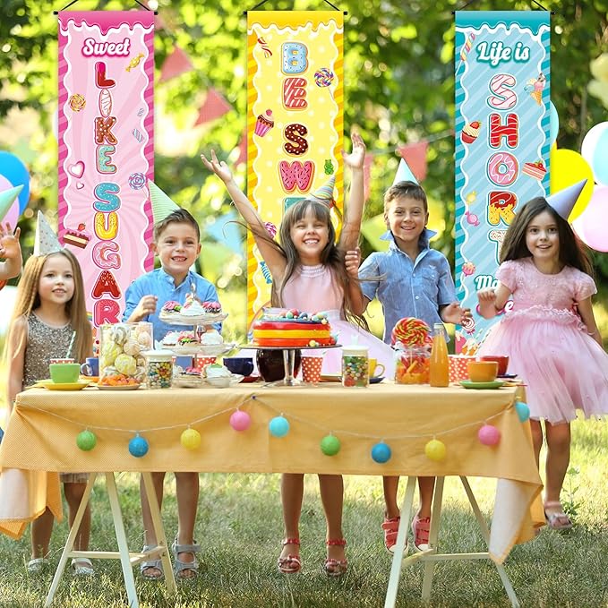 3 Pcs Candyland Party Decorations Sweet Candy Banners Donut Lollipop Porch Sign Candy Land Hanging Flags Photo Props Backdrop Supplies for Outdoor Door Wall Yard Birthday Baby Shower