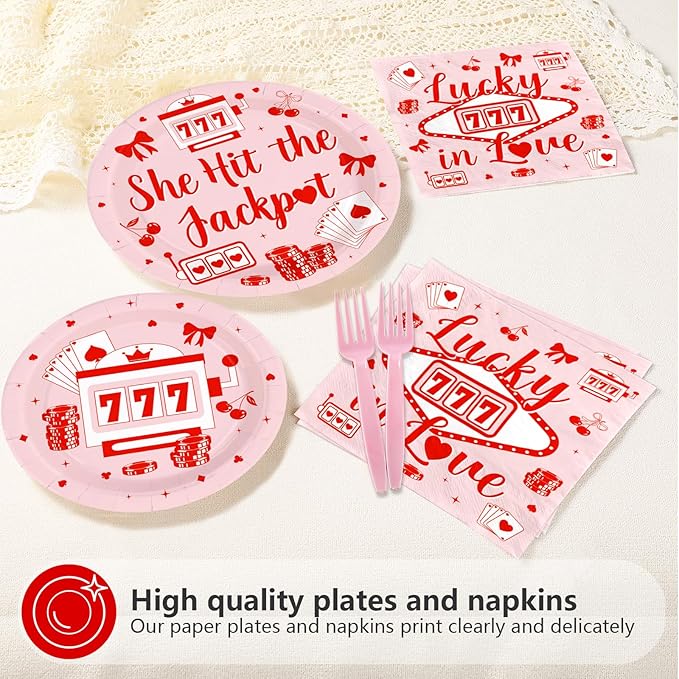 96Pcs Casino Themed Bachelorette Party Supplies She Hit The Jackpot Plates and Napkins Vegas Bachelorette Tableware Set for Girls Wedding Lucky in Love Engagement Party Decorations Serves 24