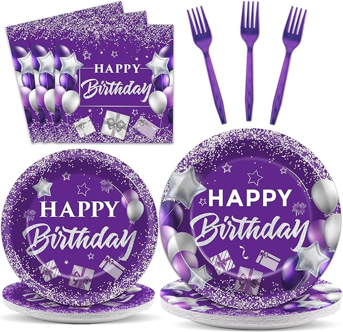 96 Pcs Purple Birthday Party Supplies Paper Plates Napkins Purple Silver Happy Birthday Tableware Set Dinner Dessert Table Decorations Favors for Women Girls Serves 24