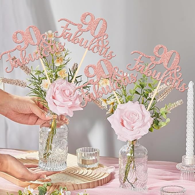 12 PCS 90 and Fabulous Centerpiece Sticks Double Sided Happy 90th Birthday Table Flower Centerpieces Sticks Cheers to 90 Floral Decorations for 90th Birthday Anniversary Party Supplies Rose Gold