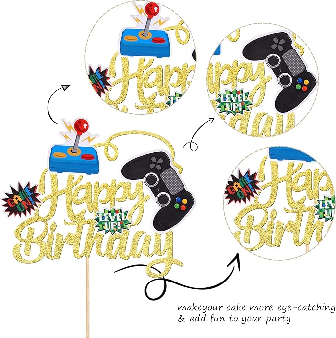 1 PCS Video Game Cake Topper Glitter GamePad Game On Controllers Happy Birthday Cake Pick for Game Theme Baby Shower Kids Boys Girls Birthday Party Cake Decorations Supplies Gold