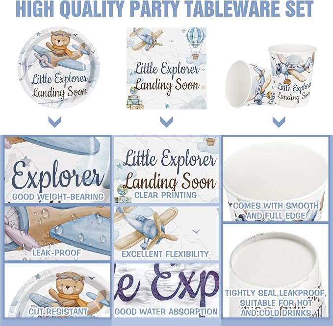 Hushee 200 Pcs Little Explorer Baby Shower Paper Plates Napkins Cups Baby Shower Party Supplies Tableware Set Disposable Cup Napkin for 50 Guest Party Decoration