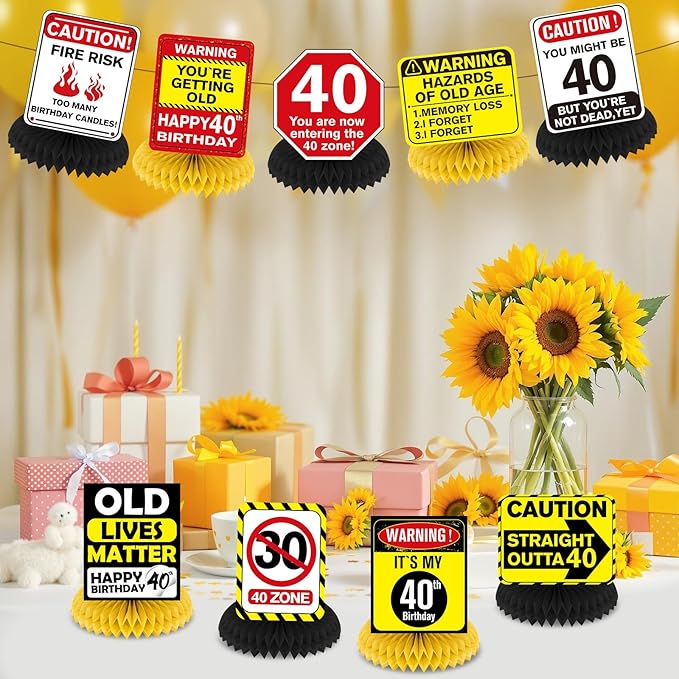Funny 40th Birthday Decorations 9Pcs 40th Birthday Honeycomb Centerpieces for Adults 40 Years Old Party Decor, Cheers to 40 Years Party Banner Table Topper Caution Logos Sign for Men Women