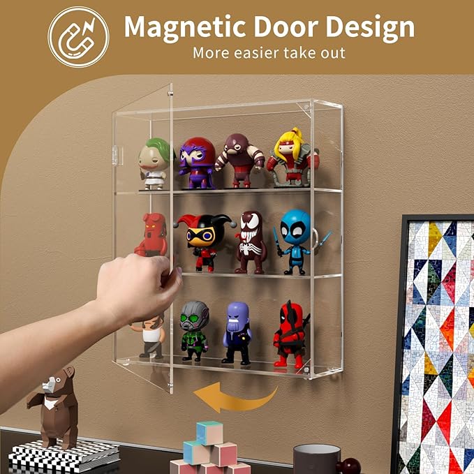 NIUBEE Acrylic Display Case, Clear Display Case for Funko Pop Figures, Wall Mounted or Desktop Dustproof Display Cabinet Box for Collectibles ,Rock,Crystals,Mini Toys,Amiibo (3 Tiers)