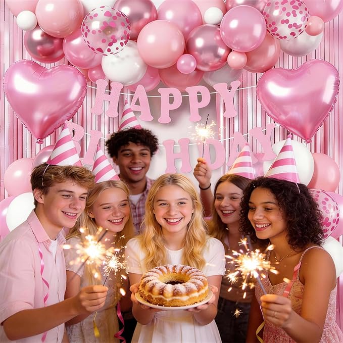 Pink Birthday Decorations for Girls Women, Baby Light Pastel Pink White Party Balloons with Fringe Curtain Birthdays Banner Cake Decor for Birthday Wedding Baby Shower Party Decoration Supplies