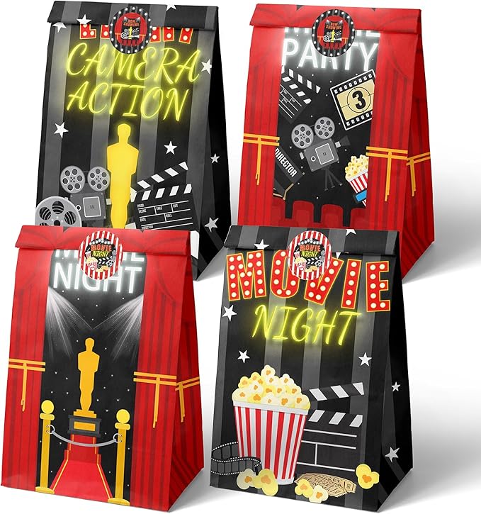 HaPiBiDesign Movie Night Party Favor Bags - 24 Pcs Candy Bags with Stickers - Themed Birthday Party Supplies