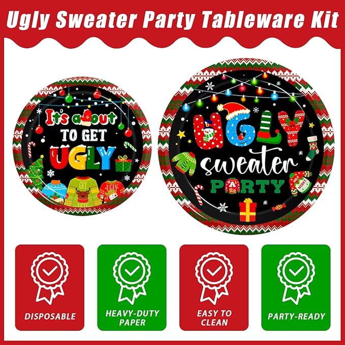 96Pcs Christmas Ugly Sweater Party Plates, Merry Christmas Party Decorations Supplies for Winter Holiday Xmas Family Gathering Birthday Party Disposable Tableware Set, Serves 24