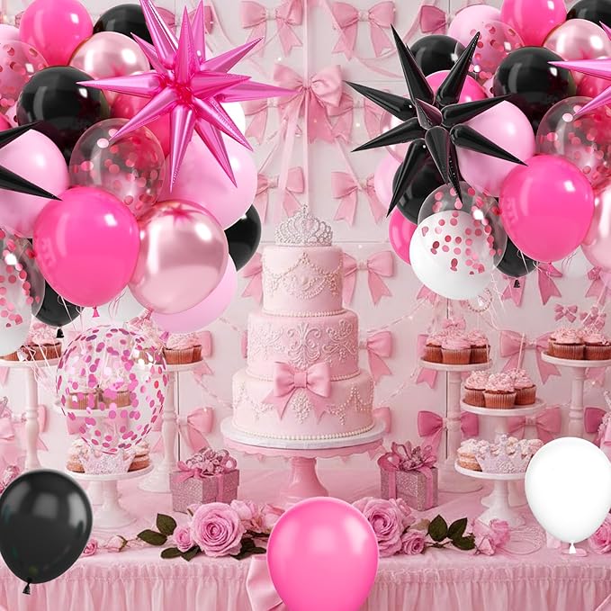 Pink and Black Balloons, 12 Inch Hot Pink and Black Party Decorations with Confetti Metalic Balloon Star Foil Balloons for Mouse Theme Birthday Wedding Bridal Shower Party Decoration