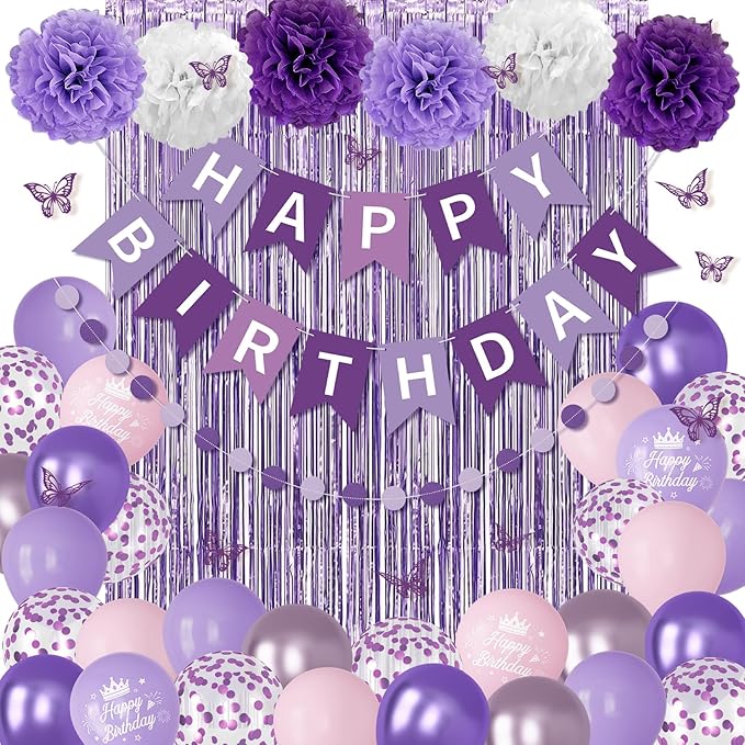 Purple Birthday Decorations for Women Girls, Lavender Pink Confetti Metallic Printed Balloons Butterfly Stickers Fringe Curtain Happy Birthday Banner Circle Dots Garland Paper Pompoms Party Supplies