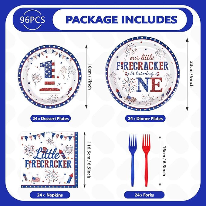 Grencian 96Pcs 4th of July 1st Birthday Party Supplies First Birthday Plates and Napkins Sets for Independence Day Patriotic Baby Shower One Year Old Decorations Serves 24